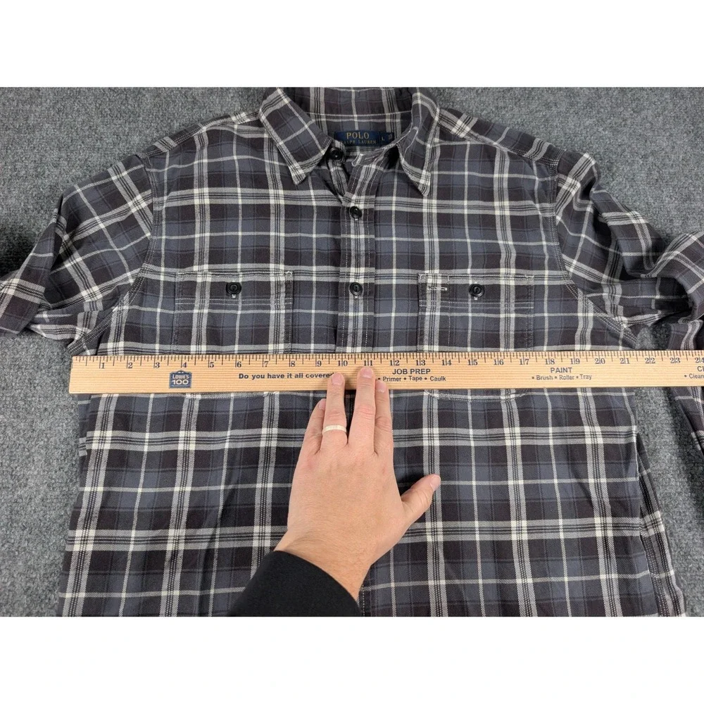 Polo Ralph Lauren Work Shirt Mens‎ Large Gray Plaid Pockets Throat Latch